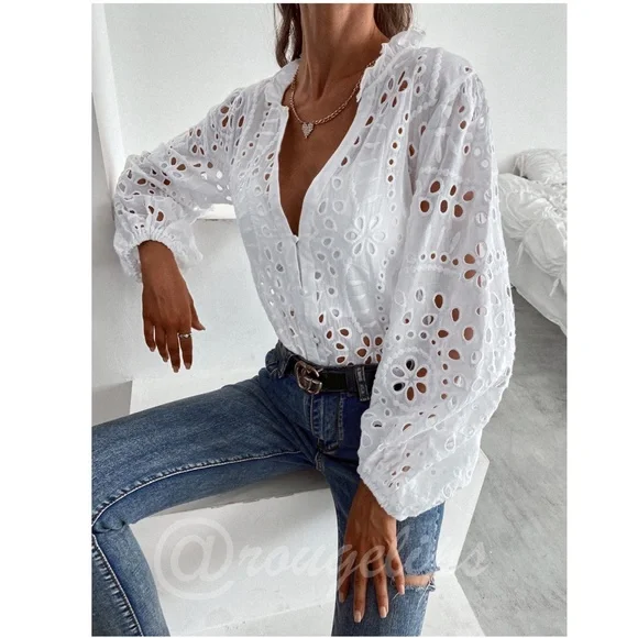 White Boho Eyelet Button Down Shirt - Picture 5 of 8